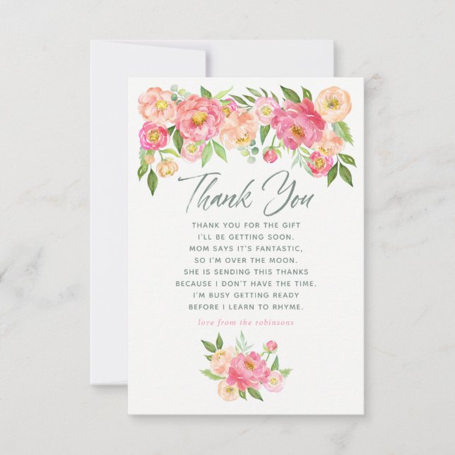 Peony flowers Spring Baby Shower Thank You Card (Front)