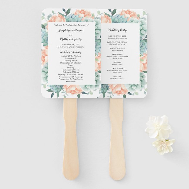 Peony Flowers Succulents Wedding Program Hand Fan (Front and Back)