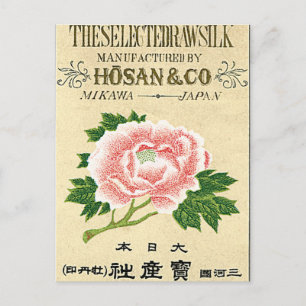 Peony Flowers Vintage Japanese Silk Label Postcard