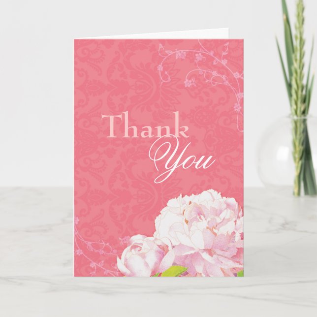 Peony Garden Coral Pink Wedding Thank You Card (Front)