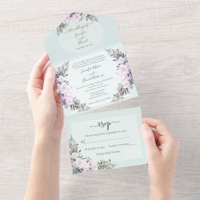 Peony Garden Mint Green All in One Wedding Invite (Tearaway)