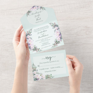 Peony Garden Mint Green All in One Wedding Invite
