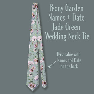 Peony Garden Names + Date Jade Green Wedding Tie