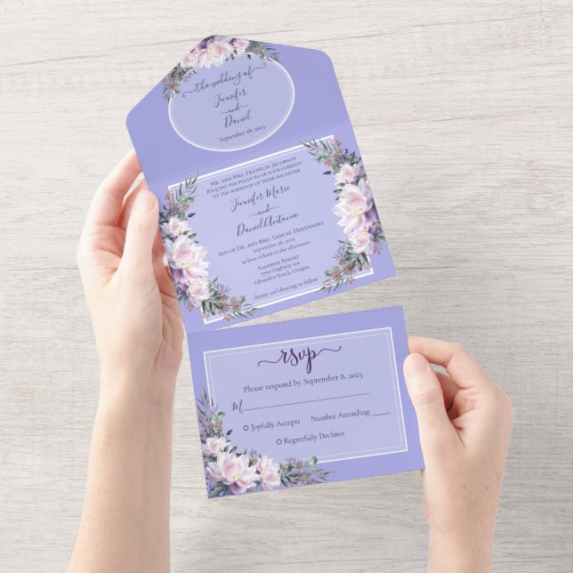 Peony Garden Periwinkle All in One Wedding Invite (Tearaway)