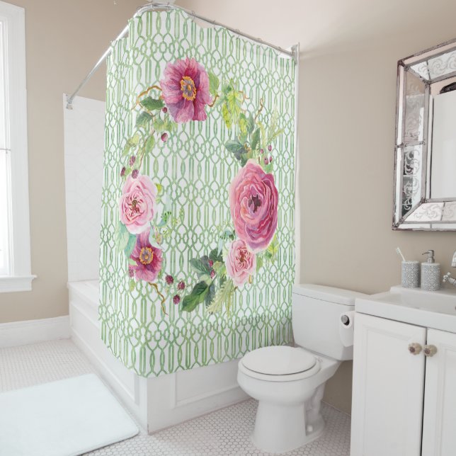Peony Garden Trellis Boho Wreath Rose Watercolor Shower Curtain (In Situ)