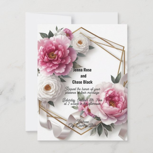 Peony Geometric Wreath Wedding Invitation (Front)