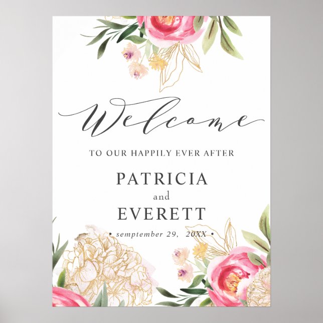 Peony gold flowers  Boho Wedding Welcome Poster (Front)