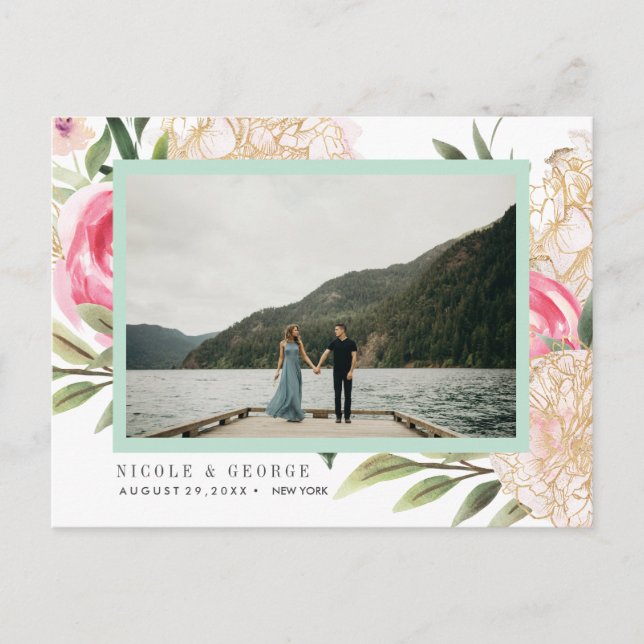 Peony  gold flowers Photo WEDDING SAVE THE DATE Announcement Postcard (Front)