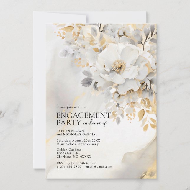Peony Gold Grey Black Engagement Party Invitation (Front)