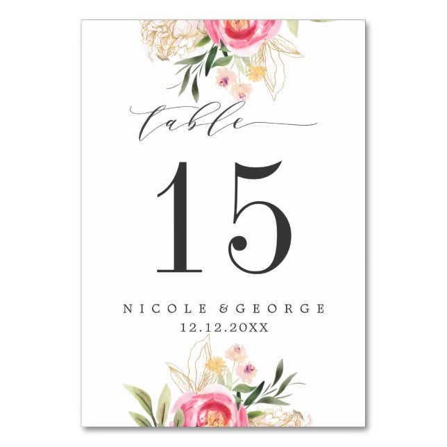 Peony gold WEDDING Personalised Table Number (Front)