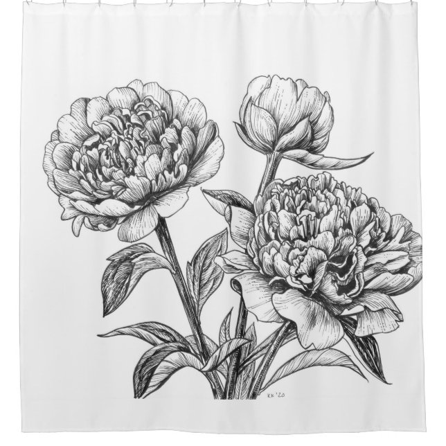 Peony ink drawing shower curtain (Front)