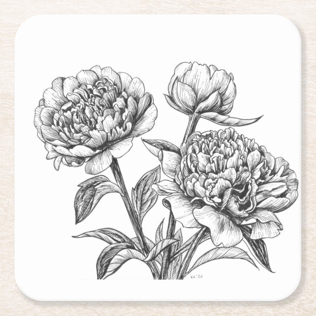 Peony ink drawing square paper coaster (Front)