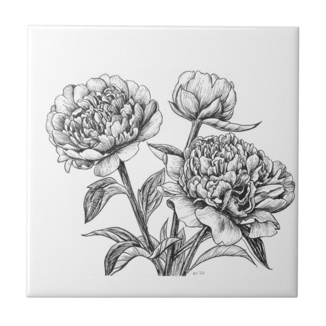 Peony ink drawing tile (Front)