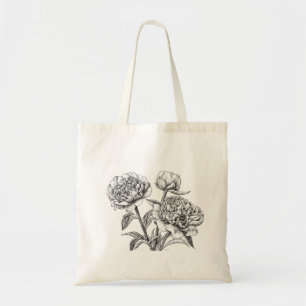 Peony ink drawing tote bag