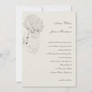 Peony Ink Sketch Ecru Elegant Calligraphy Wedding Invitation
