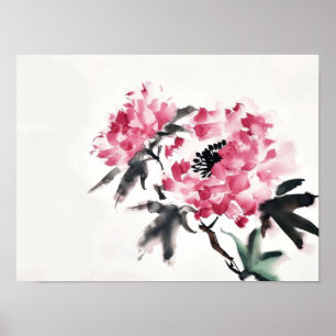 Peony Japanese minimal art painting Poster