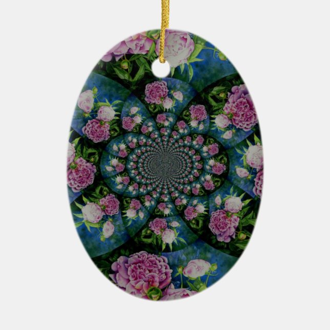 Peony Mandala Ceramic Tree Decoration (Front)
