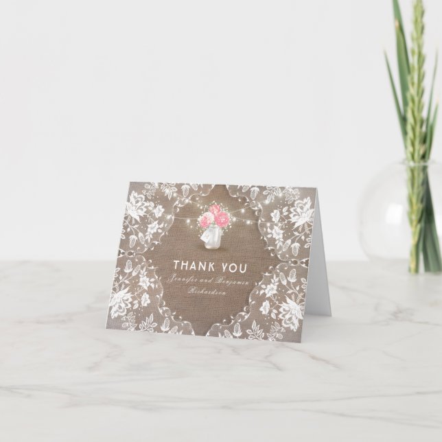 Peony Mason Jar Lace Wedding Thank You Card (Front)