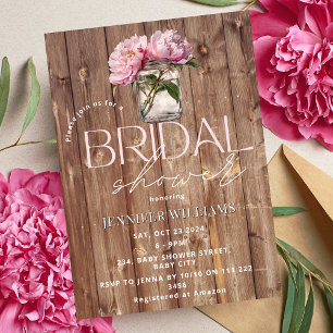 Peony Mason Jar Rustic Chic Picnic Bridal Shower  Invitation