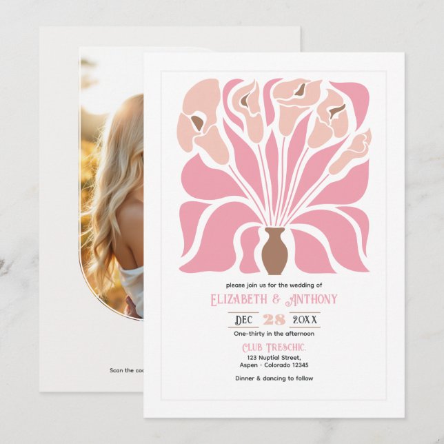 Peony & Mocha Abstract Floral Boho Wedding Invitation (Front/Back)