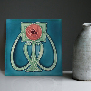 Peony on Blue Decor Art Nouveau Art Deco Tile