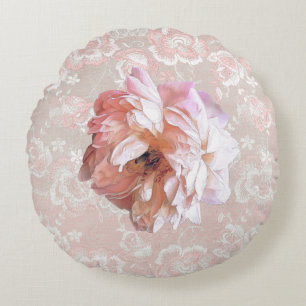 Peony on Faux Peach Lace Round Cushion