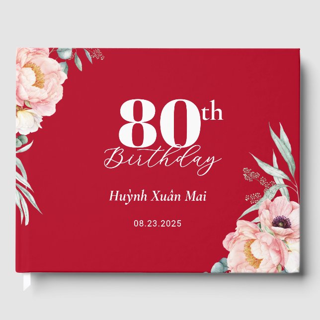 Peony on Red Birthday Welcome Sign Guest Book (Front)