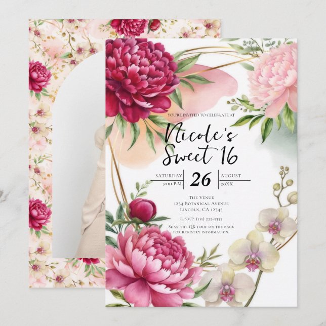 Peony & Orchid Garden Floral Glam Sweet 16 Invitation (Front/Back)