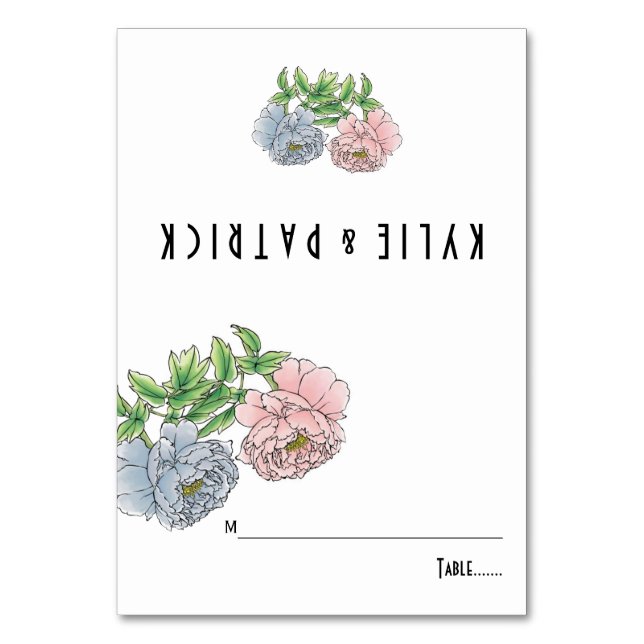 Peony pastel pink, blue floral wedding escort card (Front)