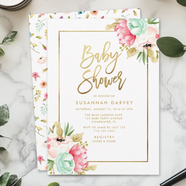 Peony Pastel Watercolors Gold Script Baby Shower Invitation (Creator Uploaded)