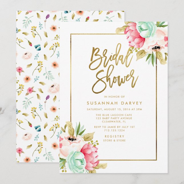 Peony Pastel Watercolors Gold Script Bridal Shower Invitation (Front/Back)