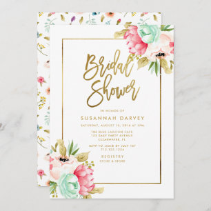 Peony Pastel Watercolors Gold Script Bridal Shower Invitation