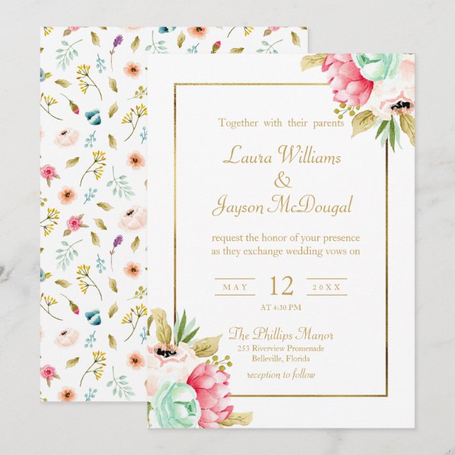 Peony Pastel Watercolors Gold Script Wedding Invitation (Front/Back)