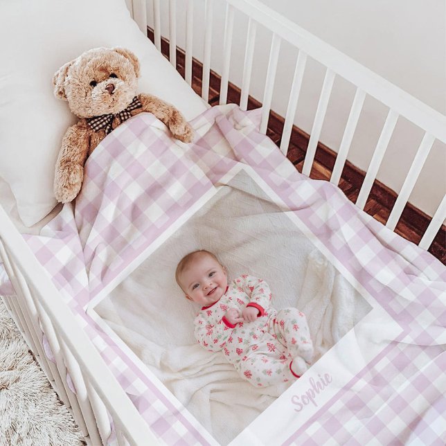 Peony Pink Gingham Check Photo  Fleece Blanket (Pink Gingham Check baby photo blanket)