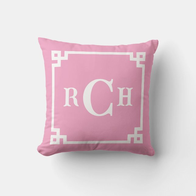 Peony Pink Reverse Chinoiserie Greek Key Monogram Cushion (Front)