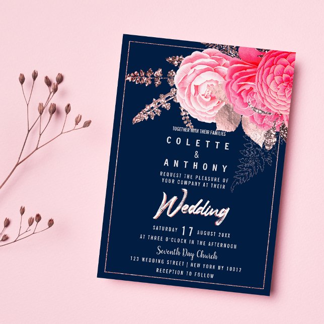 Peony pink rose gold navy blue floral Wedding  Invitation (Peony pink rose gold navy blue floral Wedding)
