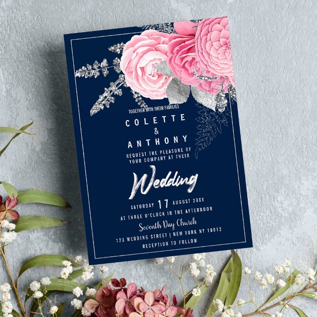 Peony pink silver glitter navy blue floral Wedding Invitation (Peony pink silver glitter navy blue floral Wedding )