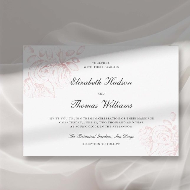 Peony Pink Sketch Modern Classic Stylish Wedding Invitation (peony wedding invitation modern classic formal  floral sketch frame horizontal elegant romantic)