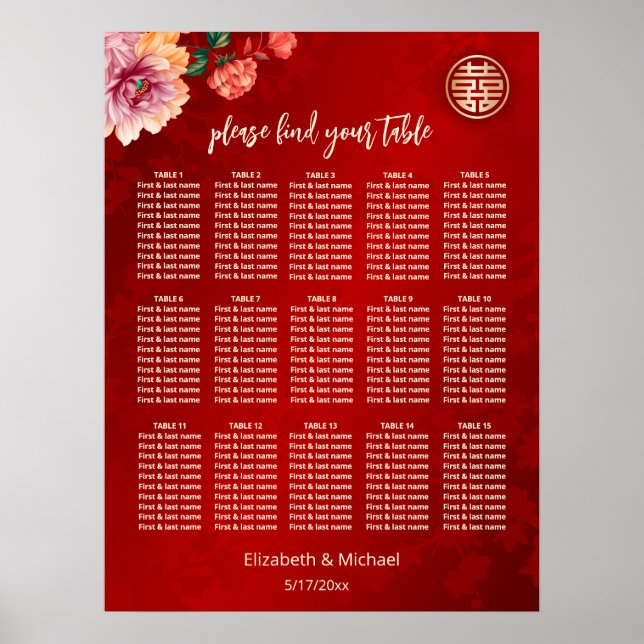 Peony Red Chinese Wedding Seating Chart (Front)
