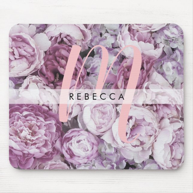 Peony Roses Floral Pink Monogram Mouse Mat (Front)