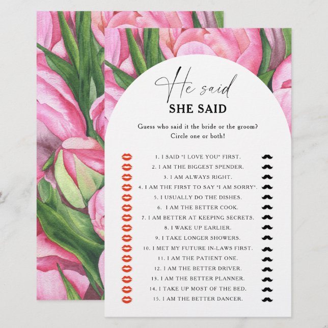 Peony roses - He said she said bridal shower game (Front/Back)
