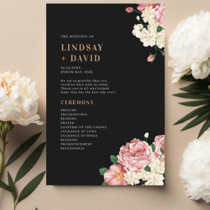 Peony Roses on Black Wedding Ceremony Program