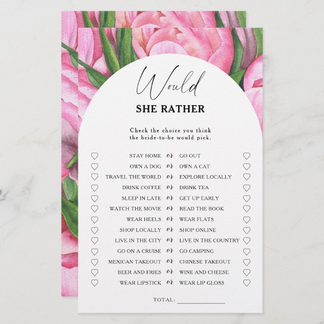 Peony roses - Would she rather bridal shower game (Front/Back)