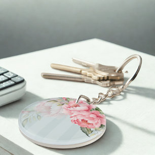 Peony Sage Botanics   Pink Floral & Gold Acrylic Key Ring