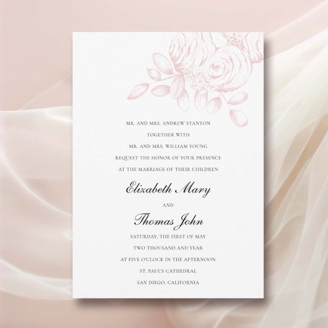 Peony Sketch Pink Blush Formal Traditional Wedding Invitation (peony wedding invitation formal traditional parents name floral sketch pink blush classic romantic)