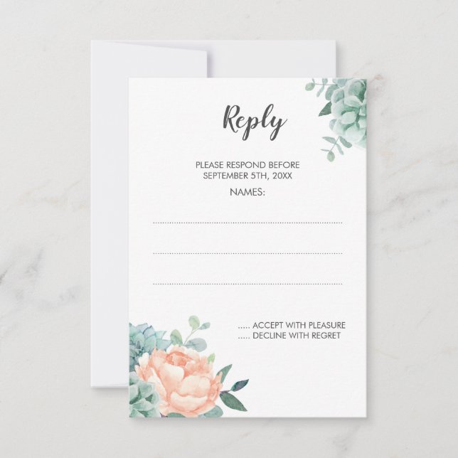 Peony Succulent Watercolor Wedding Reply Cards (Front)