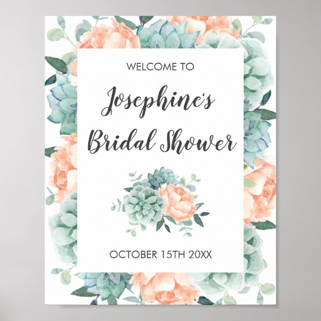 Peony Succulents Floral Watercolor Bridal Shower Poster (Front)
