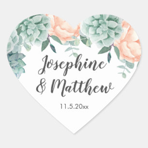 Peony Succulents Floral Watercolor Wedding Heart Sticker