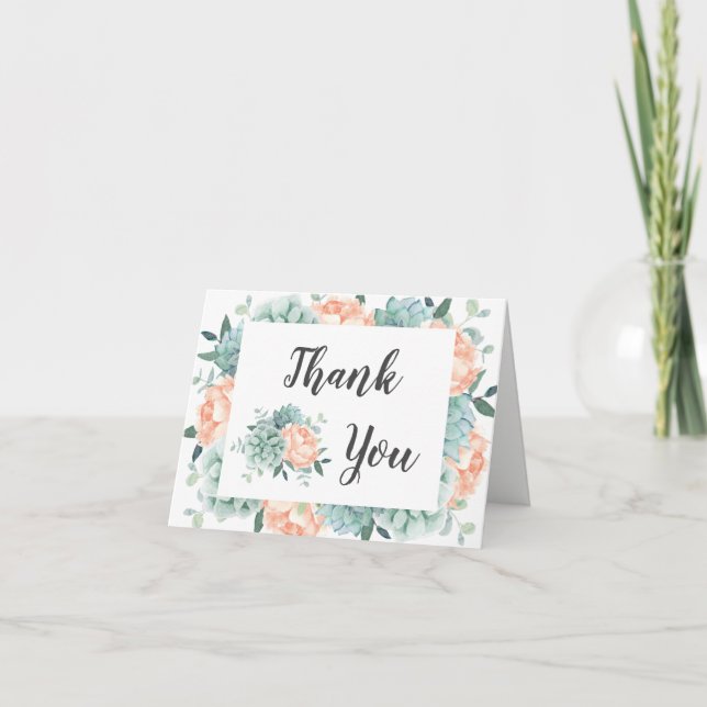 Peony Succulents Foliage Floral Wedding Thank You Card (Front)