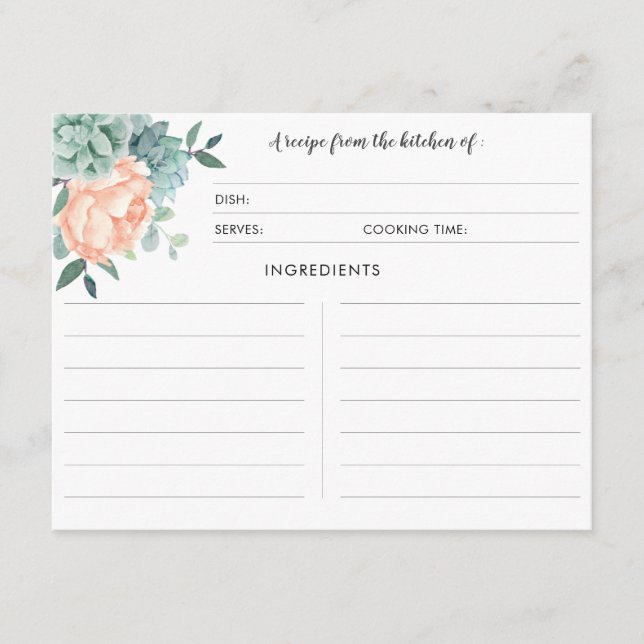 Peony Succulents Watercolor Botanical Recipe Cards (Front)